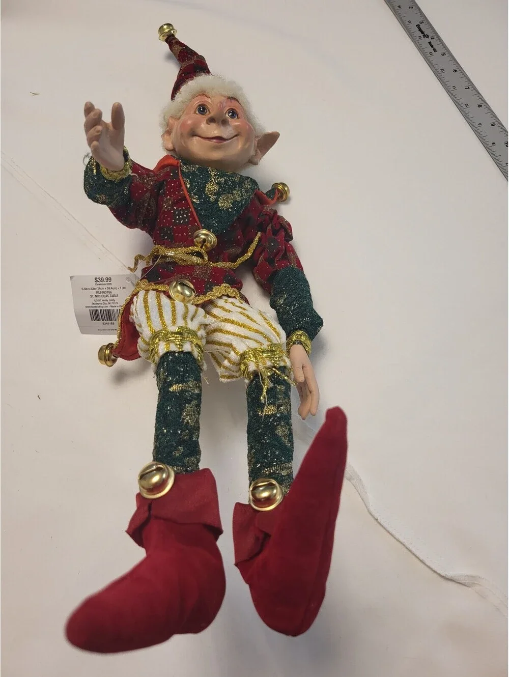 Festive Elf Figurine with Jingle Bells and Glitter Accents 22 Tall